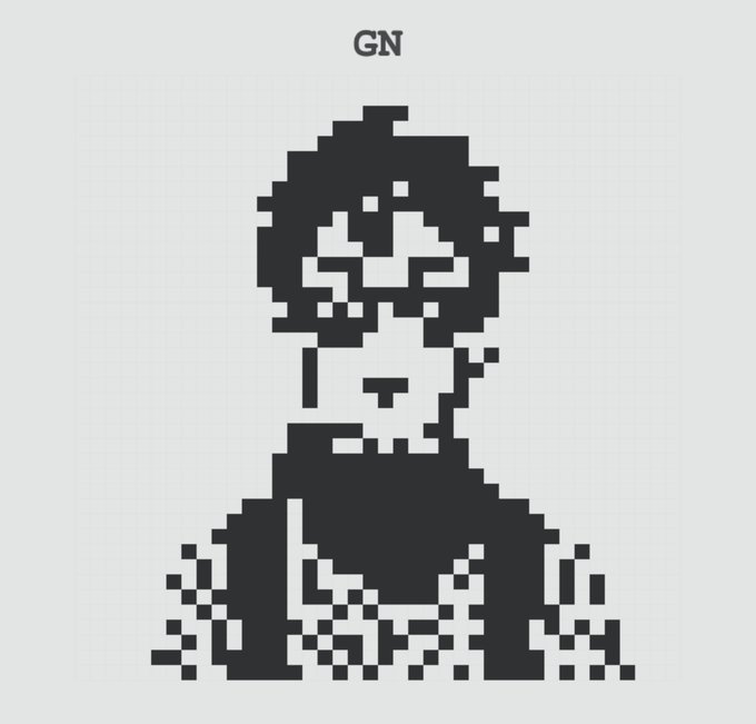 A black and white pixel art image depicts a stylized character with messy hair and sunglasses, with 'GN' written above.