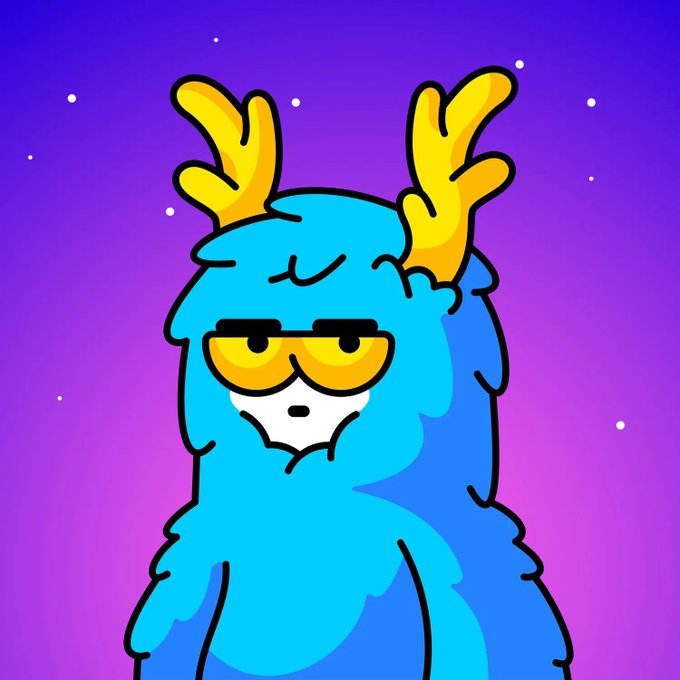 A cartoon illustration of a blue furry character with yellow antlers wearing yellow-tinted sunglasses, set against a purple starry background.