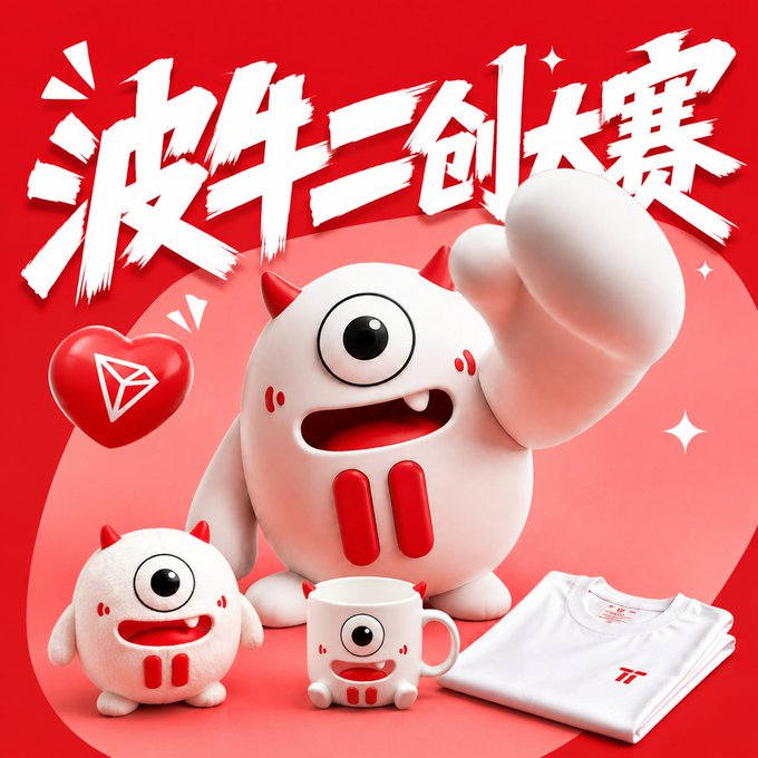 A red promotional poster with Chinese text '波牛三创大赛' featuring a cute white cartoon monster mascot alongside merchandise including a plush toy, mug, and t-shirt.