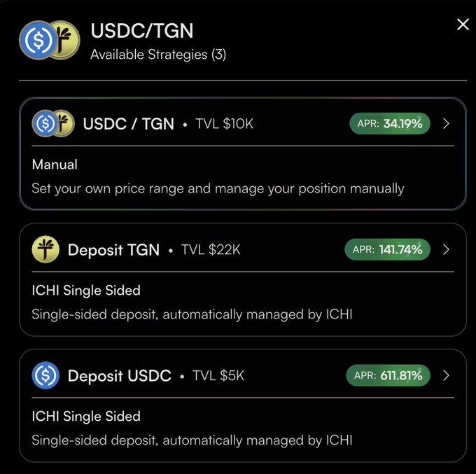 Mobile app interface showing USDC/TGN available strategies with three options: Manual with 34.19% APR, Deposit TGN (ICHI Single Sided) with 141.74% APR, and Deposit USDC (ICHI Single Sided) with 611.81% APR.
