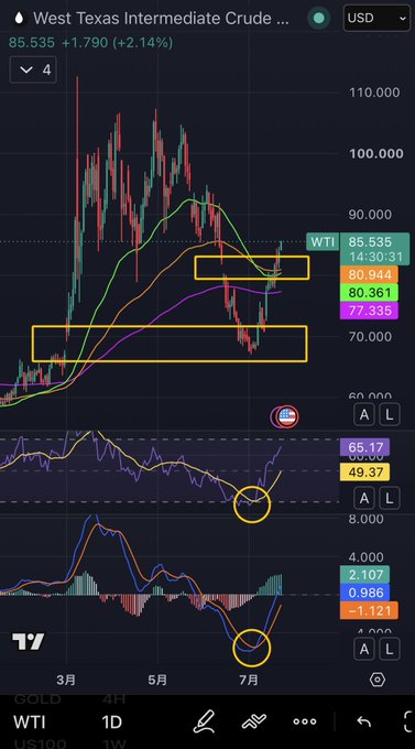 A 1-day candlestick chart of West Texas Intermediate Crude (WTI) showing a strong rebound from the ~$65 low in late June to $85.535 (+$1.790, +2.14%), with price breaking above the 80-period moving average and highlighted resistance zones around $77-80 and $85-90, confirming the anticipated oil rally discussed in the membership live session.