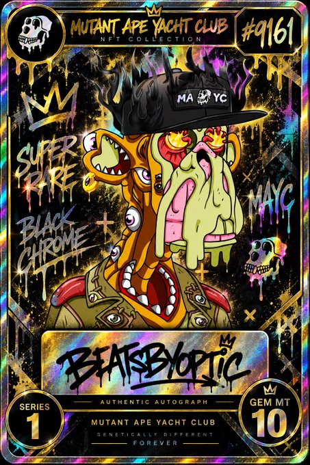 A holographic 'Mutant Ape Yacht Club' NFT card numbered #9161, labeled 'SUPER RARE', 'BLACK CHROME', and 'BLAKSBYOPTIC' Authentic Autograph, Series 1.