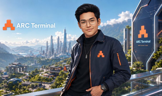 A man in a dark jacket with the orange ARC Terminal logo stands on a balcony overlooking a futuristic cityscape, with the "ARC Terminal" branding displayed on both sides of the image, visually reinforcing the post's emphasis on the project's community and real-world engagement.