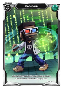 A trading card featuring a blocky, Minecraft-inspired figure wearing 3D glasses and holding a glowing green holographic cube, labeled 'Codeborn' with stats including 'COMMON', '44', and 'As the Voidborn tries to infiltrate Other-side technology, some Moebiot devotes his life to keeping it out.'