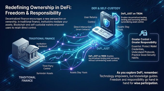 An infographic titled 'Redefining Ownership in DeFi: Freedom & Responsibility' contrasting Traditional Finance (institution-mediated, third-party control) with DeFi & Self-Custody (user retains control, direct interaction), listing principles like 'Greater Control = Greater Responsibility.'