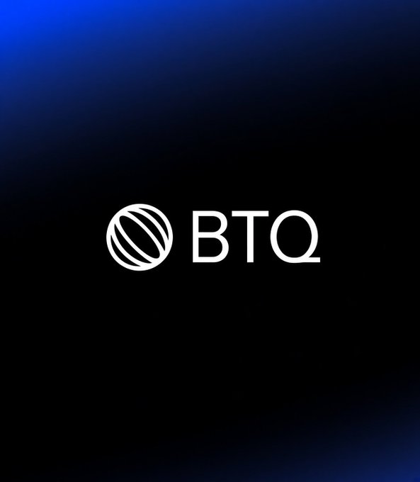 A simple corporate logo featuring a stylized circular emblem next to the letters 'BTQ' on a dark blue gradient background.