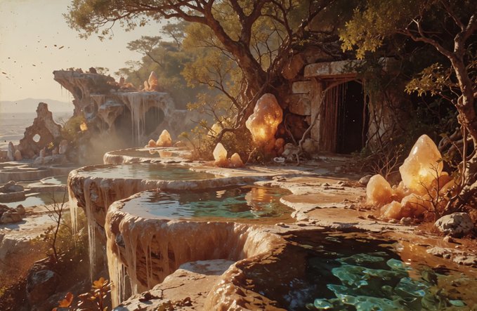 A fantasy digital artwork depicts a mystical seaside landscape with cascading tiered pools, glowing crystal formations, ancient stone architecture, and lush trees in warm golden light.