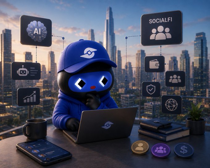 A 3D-rendered cartoon character in a blue hoodie and cap works on a laptop, surrounded by floating icons labeled 'AI' and 'SOCIALFI' against a city skyline background.