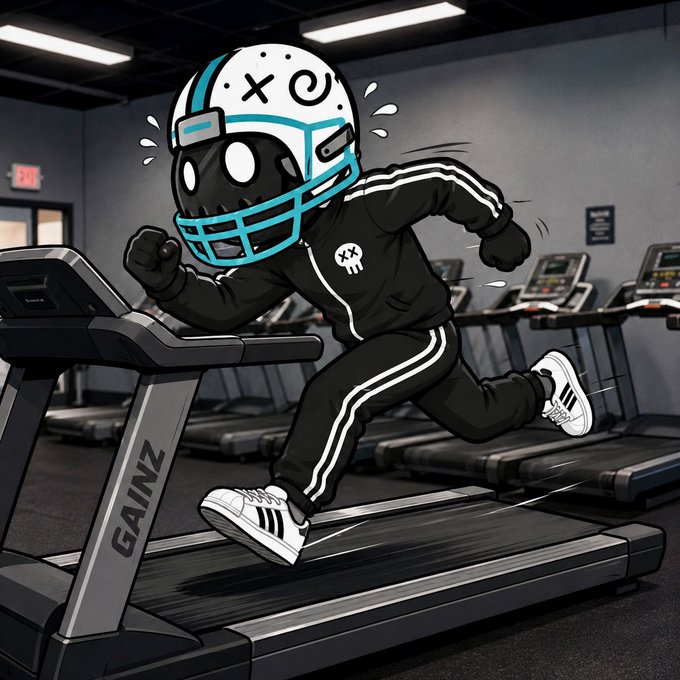 A cartoon character wearing a football helmet and black tracksuit runs on a treadmill labeled 'GAINZ' in a gym setting.