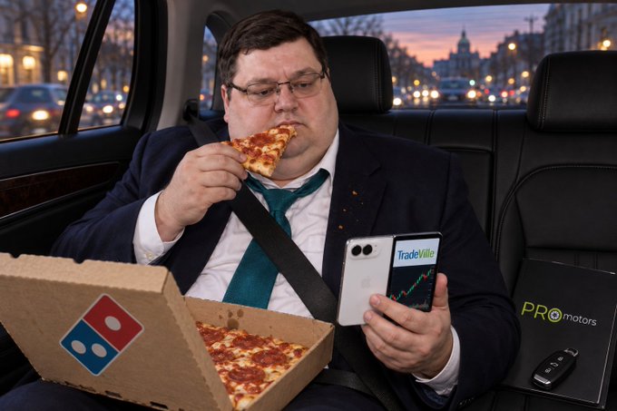 A man in a suit and teal tie eats pizza in the back of a luxury car at dusk while looking at a phone displaying 'TradeVille' on its screen.