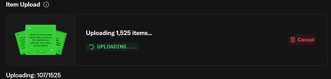An "Item Upload" progress screen shows 107/1525 items uploaded with the message "Uploading 1,525 items... UPLOADING..." displayed alongside a green document icon and a red "Cancel" button, relating to refreshing metadata now that the upload is in progress.