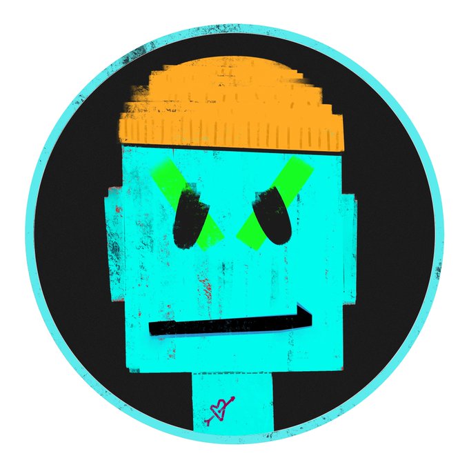 A pixel-art style robot face with bright orange hair, glowing green eyes, and a small red broken heart icon on its neck is centered within a circular black frame with a teal border, evoking a digital, graphic design aesthetic.