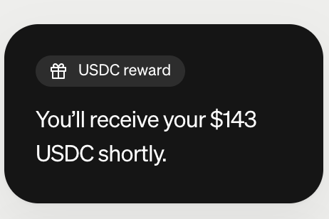 A notification from Moonpay confirms the user will receive a $143 USDC reward shortly, tying into their post about treating their girlfriend to a date funded by the crypto reward.