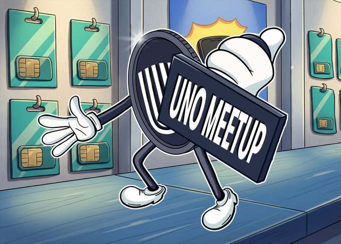 A cartoon-style graphic featuring an anthropomorphized UNO card character labeled "UNO MEETUP" with arms, legs, and white gloves, standing in front of a wall displaying SIM cards.