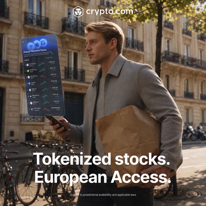 The image is a Crypto.com advertisement featuring a man in a gray coat on a European street, holding a brown paper bag while looking at a floating smartphone display showing "Popular Tokenized Stocks" with prices for Tesla ($332.45), Coinbase ($351.20), Amazon ($195.14), and others, accompanied by the text "Tokenized stocks. European Access."

The ad directly illustrates the post's message by showing how EEA users can conveniently access and trade tokenized U.S. stocks and ETFs through the Crypto.com App anytime, anywhere in Europe.