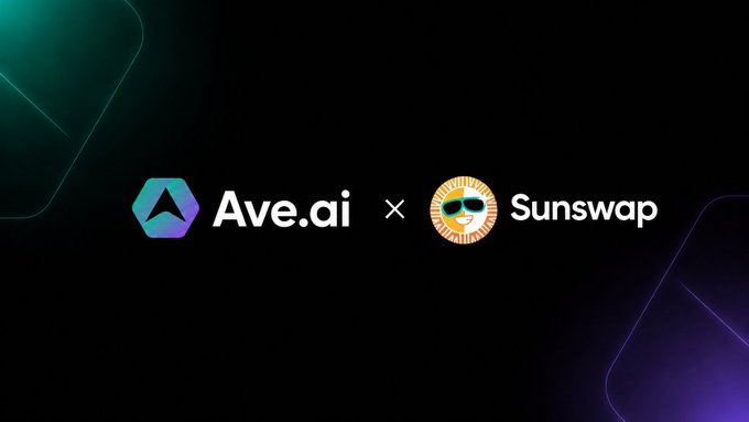 A promotional graphic on a dark background announces a partnership between 'Ave.ai' and 'Sunswap', displaying their respective logos.