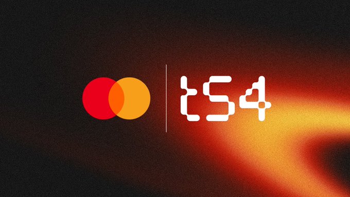 The image features the Mastercard logo alongside the "t54" logo against a dark background with orange lighting, visually representing the partnership between the two companies referenced in the post.