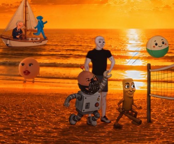 The image features a beach scene with a group of cartoon characters, including a robot, a man, and two other figures. The characters are standing near each other, possibly enjoying their time at the beach or engaging in some activity together. In the background, there is a boat sailing on the water, adding to the overall atmosphere of the scene. The post includes text that reads "$BOOB spotted in @Pumpfun post again. I like $BOOB’s." This suggests that the image has been shared or reposted multiple times by users who appreciate the cartoon characters and their beach setting.
