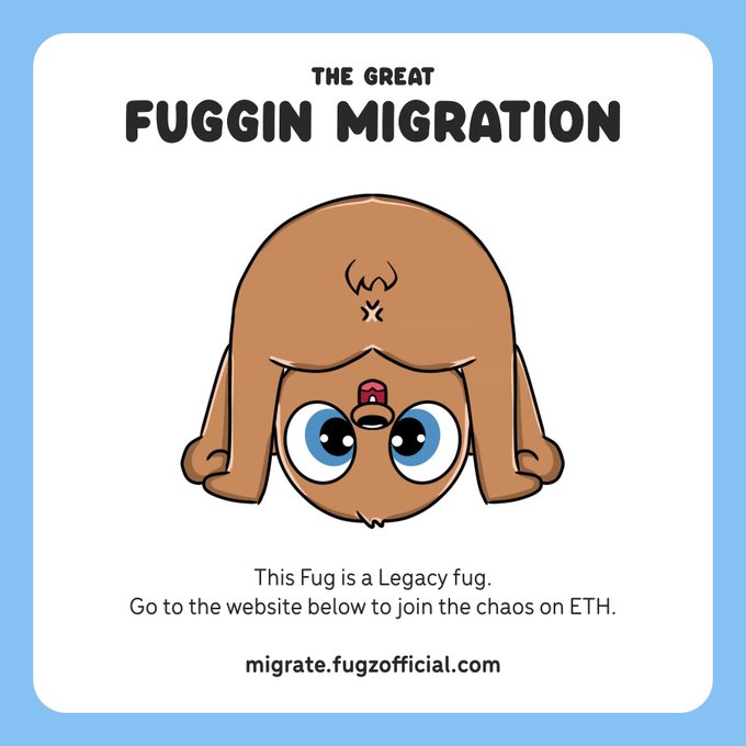 A cartoon advertisement for "THE GREAT FUGGIN MIGRATION" featuring a backwards-facing pug with an angry expression, reading "This Fug is a Legacy fug. Go to the website below to join the chaos on ETH." with URL "migrate.fugzofficial.com".