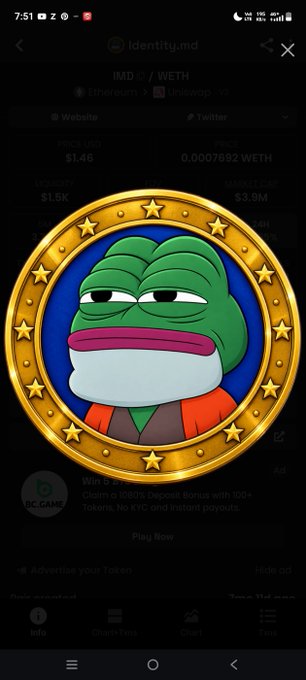 The image shows a mobile screenshot of the Identity.md (IMD/WETH) token page on a decentralized exchange, featuring a golden coin medallion with a Pepe the Frog character wearing an orange vest against a blue star background, with key metrics displayed including a price of $1.46, $1.5K liquidity, and $3.9M market cap. This visually supports the post's narrative about Pepe-themed tokens being a recurring crypto trend, with IMD's Pepe mascot aligning perfectly with the claim that "this cycle we have pepes" in the meme coin space.
