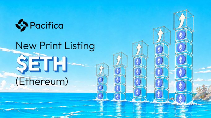 Pacifica announces a new print listing for $ETH (Ethereum), displayed alongside stacks of rising Ethereum-themed blocks in an ocean setting that visually reinforces the platform's "Print" trading product.