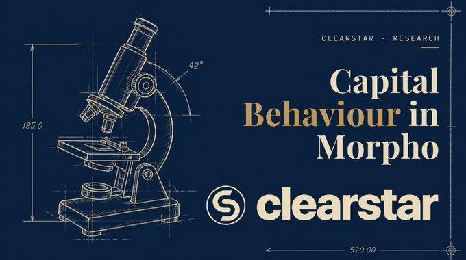 A dark blue presentation slide titled "Capital Behaviour in Morpho" by Clearstar - Research features a technical line drawing of a microscope with measurements (155.0, 42°, 520.00) and the Clearstar logo.