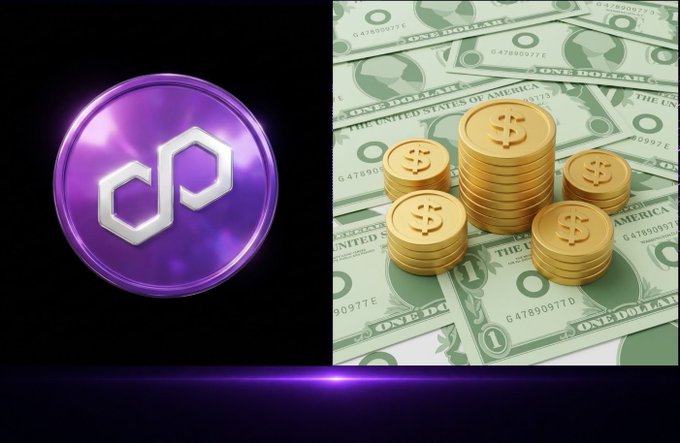 A purple Polygon (MATIC) cryptocurrency logo next to stacks of gold coins placed on U.S. one-dollar bills.