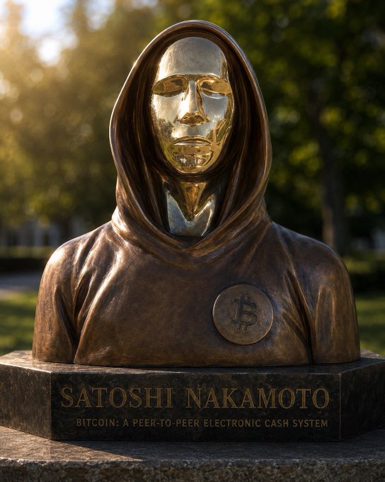 A bronze statue with a golden face wearing a hooded cloak, featuring a Bitcoin symbol on the chest, with the base inscribed 'SATOSHI NAKAMOTO' and 'BITCOIN: A PEER-TO-PEER ELECTRONIC CASH SYSTEM'.