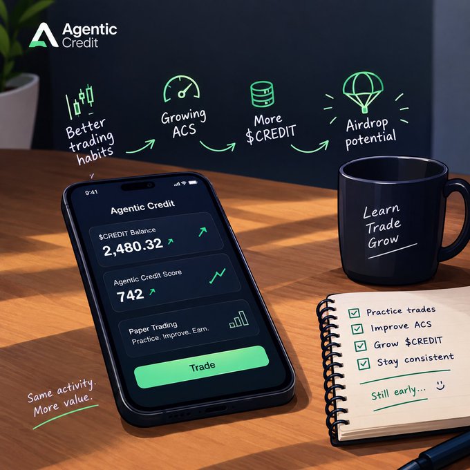 The image shows a smartphone displaying the "Agentic Credit" app with a $CREDIT balance of 2,480.32 and an Agentic Credit Score of 742, alongside a black mug reading "Learn Trade Grow" and a checklist notebook listing "Practice trades," "Improve ACS," "Grow $CREDIT," and "Stay consistent," with handwritten notes around it reading "Better trading habits," "Growing ACS," "More $CREDIT," "Airdrop potential," and "Same activity. More value."—perfectly mirroring the post's reflection on how @agenticscredit's paper trading platform transformed routine trades into a habit-building tool that tracks his Agentic Credit Score, grows his $CREDIT balance, and hints at future airdrop rewards.