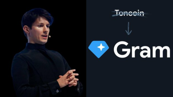 The image features a man standing next to a poster with the words "toncoin" and "gram" written on it, along with an arrow pointing towards the word "gram". The text "WHALE WATCH: Now Officially $TON "$GRAM" is also present in the image.
