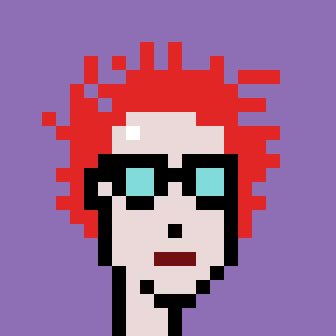 A pixel art portrait of a pale figure with bright red spiky hair, glowing blue sunglasses, and a small red mouth against a purple background.