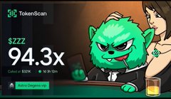 A TokenScan graphic shows $ZZZ with a "94.3x" gain indicator, marking a collected amount of $32K and a 1.30 ETH gain, alongside an animated green beast and a woman, fitting the post's promotion of a $ZZZ token airdrop to 100 wallets.