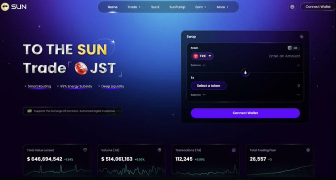 A screenshot of a cryptocurrency trading platform website called "SUN" promoting "TO THE SUN Trade" with features like Smart Routing and 99% Energy Subsidy, showing a swap interface for TRX to JST, and displaying metrics like Total Value Locked ($646,694,542) and Total Trading Pool (26,557).