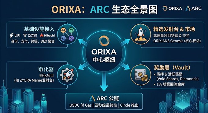 An infographic titled 'ORIXA: ARC 生态全景图' showing the Orixa central hub connecting infrastructure (LiFi, Tower Exchange, Hibachi), a curated launchpad, the Vault rewards layer (Void Shards, Diamonds), an incubator, and the ARC public chain.