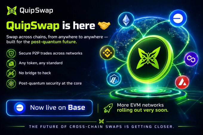 A promotional graphic for QuipSwap, advertising cross-chain token swaps built for the post-quantum future, now live on Base with more EVM networks rolling out soon.