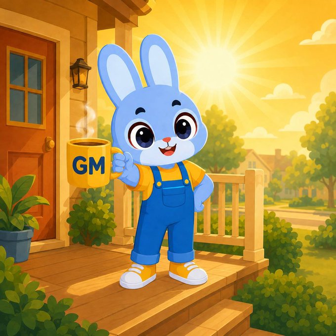 A cheerful blue cartoon bunny in overalls stands on a sunny porch holding a steaming yellow mug labeled "GM," perfectly matching the cheerful morning greeting about embracing new opportunities. The bright sunrise and the bunny's warm smile reinforce the uplifting "Good Morning" message and motivational theme.