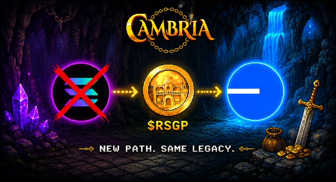 A promotional graphic titled 'CAMBRIA' showing the migration from a crossed-out old token to a new $RSGP token, with the tagline 'NEW PATH. SAME LEGACY.' and fantasy-themed imagery of coins and a sword.