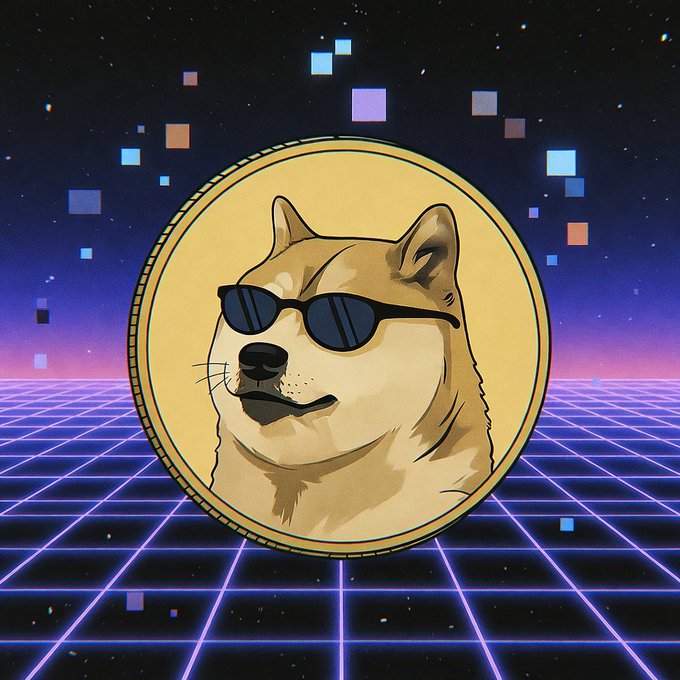 The image features a cartoon dog wearing sunglasses, which appears to be a Dogecoin logo. The background of the image is a blue space with white stars scattered throughout, giving the impression that they are floating in outer space. The text "Dogecoin" is also present on the image.