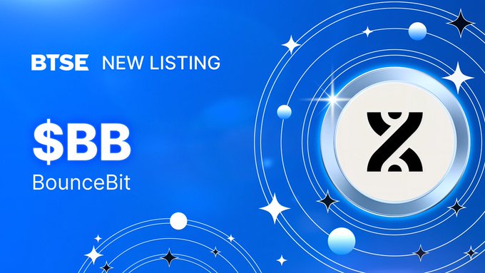 A blue promotional graphic announcing a 'BTSE NEW LISTING' for the cryptocurrency '$BB BounceBit,' featuring a stylized logo.