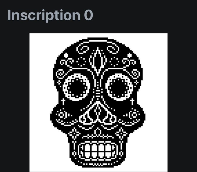 A pixel art black and white sugar skull (calavera) image labeled 'Inscription 0' on a dark gray background.