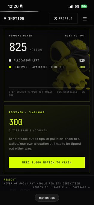 A mobile app interface titled 'SHOTION' showing a 'TIPPING POWER' of 825 MOTION, with 300 MOTION available to claim and a note stating 'NEED 1,000 MOTION TO CLAIM'.