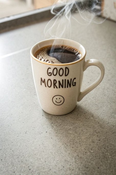 A ceramic mug filled with steaming black coffee displays the text 'GOOD MORNING' above a smiley face.