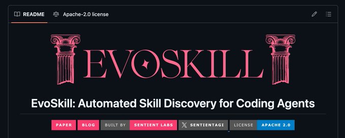 GitHub README banner for "EvoSkill: Automated Skill Discovery for Coding Agents" with pink Greek-column styling, licensed under Apache 2.0 and built by Sentient Labs and SentientTag1.