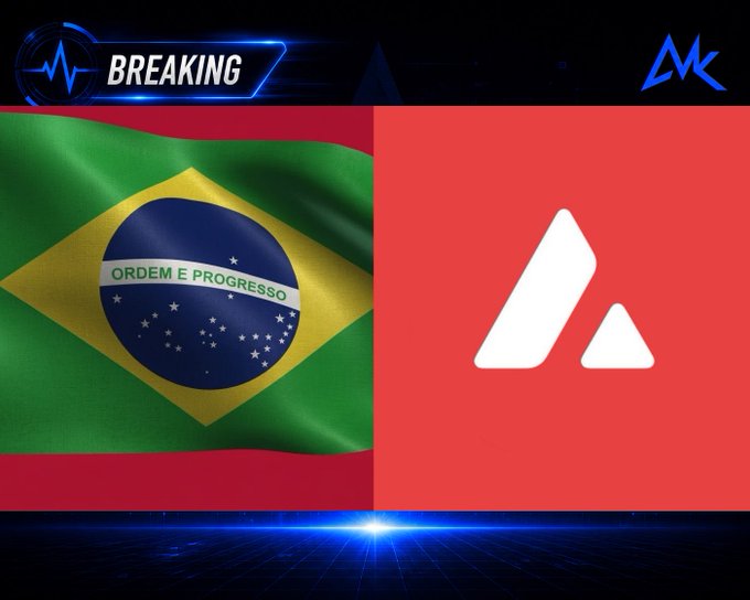 A 'BREAKING' news graphic with an 'MK' logo displaying the Brazilian flag on the left and the red Avalanche (AVAX) logo on the right.