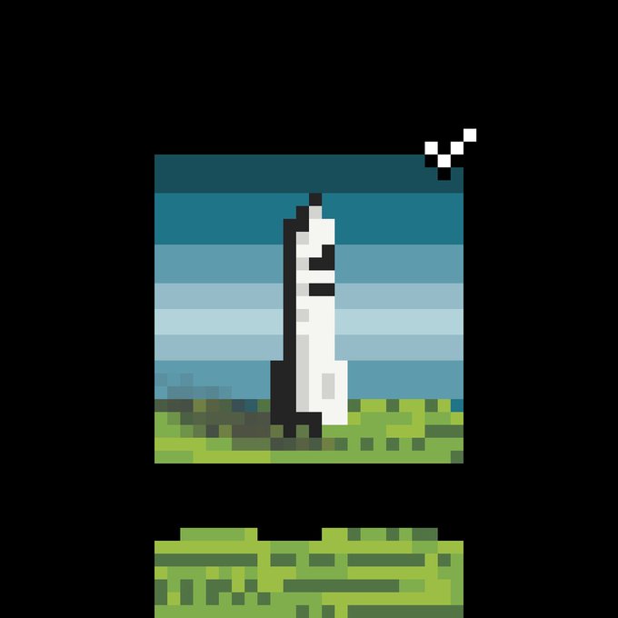 A pixel art image depicting a rocket launching with smoke trail against a blue striped sky, with green pixelated ground below, featuring a small heart/checkmark symbol in the corner.