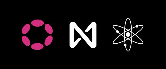 Three logos on a black background: a pink/magenta circular arrangement of ovals, a stylized white 'N' letter, and a white atom symbol with orbiting electrons.