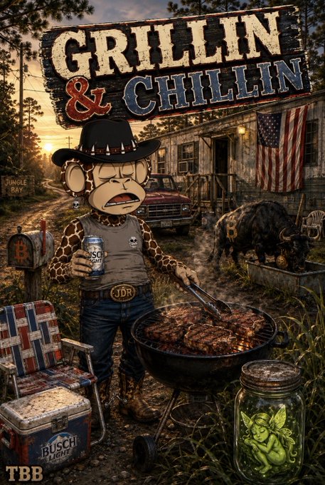 A digital illustration featuring a monkey character dressed in a cowboy hat, plaid shirt, and jeans, grilling meat while holding a Busch Light beer, with the title 'GRILLIN & CHILLIN' displayed prominently against a rustic rural backdrop with an American flag and barn.