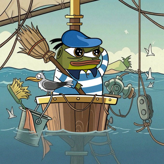 urn of water, a bird, and a fish populate the ocean scene, with a cartoon frog holding a broom on a boat labeled "Frog's Boat".