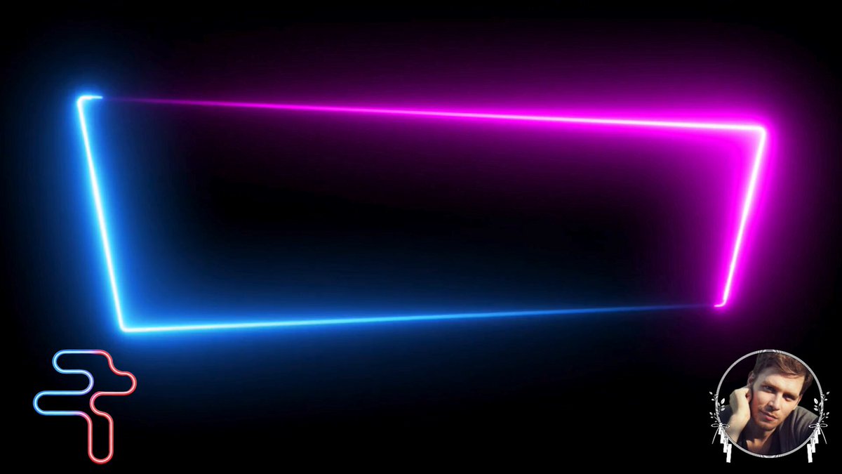 The image features a man with his head tilted back, looking at something off-camera. The background consists of a black square filled with blue neon lights that are slightly overlapping each other. There's also a small white circle located near the bottom right corner of the image.