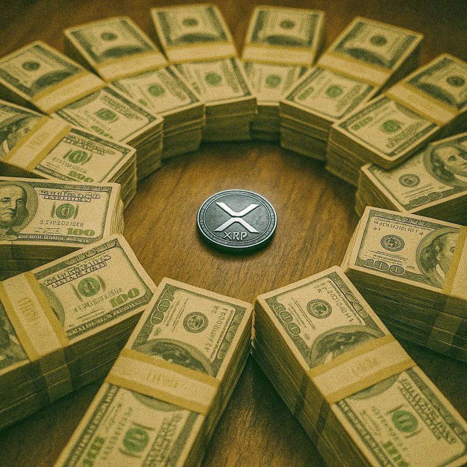 Stacks of US $100 bills arranged in a circle around a silver XRP cryptocurrency coin on a wooden surface.